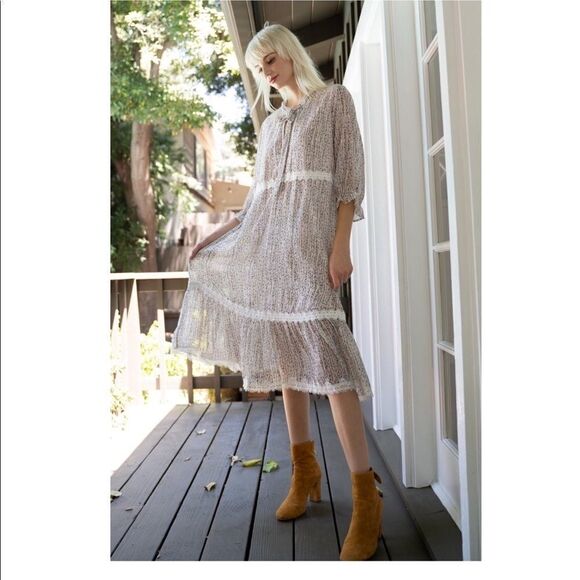 COTTAGE Core  A Shape  Lace Trimmed Dress w/ 3/4 Sleeves - Picture 4 of 16